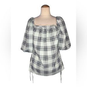 Asos Plaid Puff Sleeve Blouse Green White